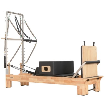 Pilates Reformer con torre in legno, struttura robusta con piattaforma scorrevole, torre verticale, imbottitura confortevole