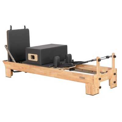 Pilates Reformer classico in legno con imbottitura nera, box e molle regolabili